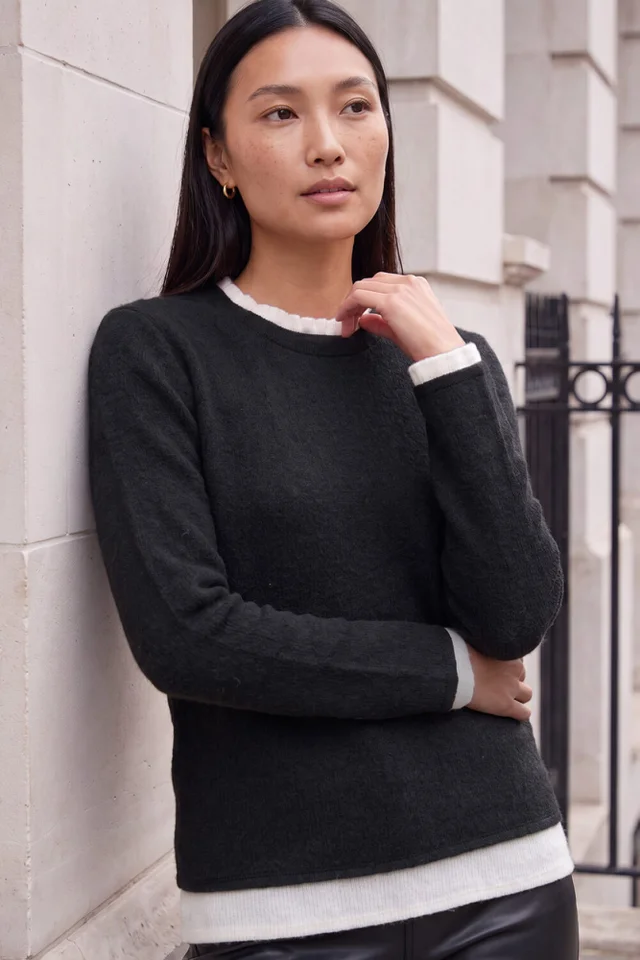 Roman Black Frill Contrast Stretch Jersey Top