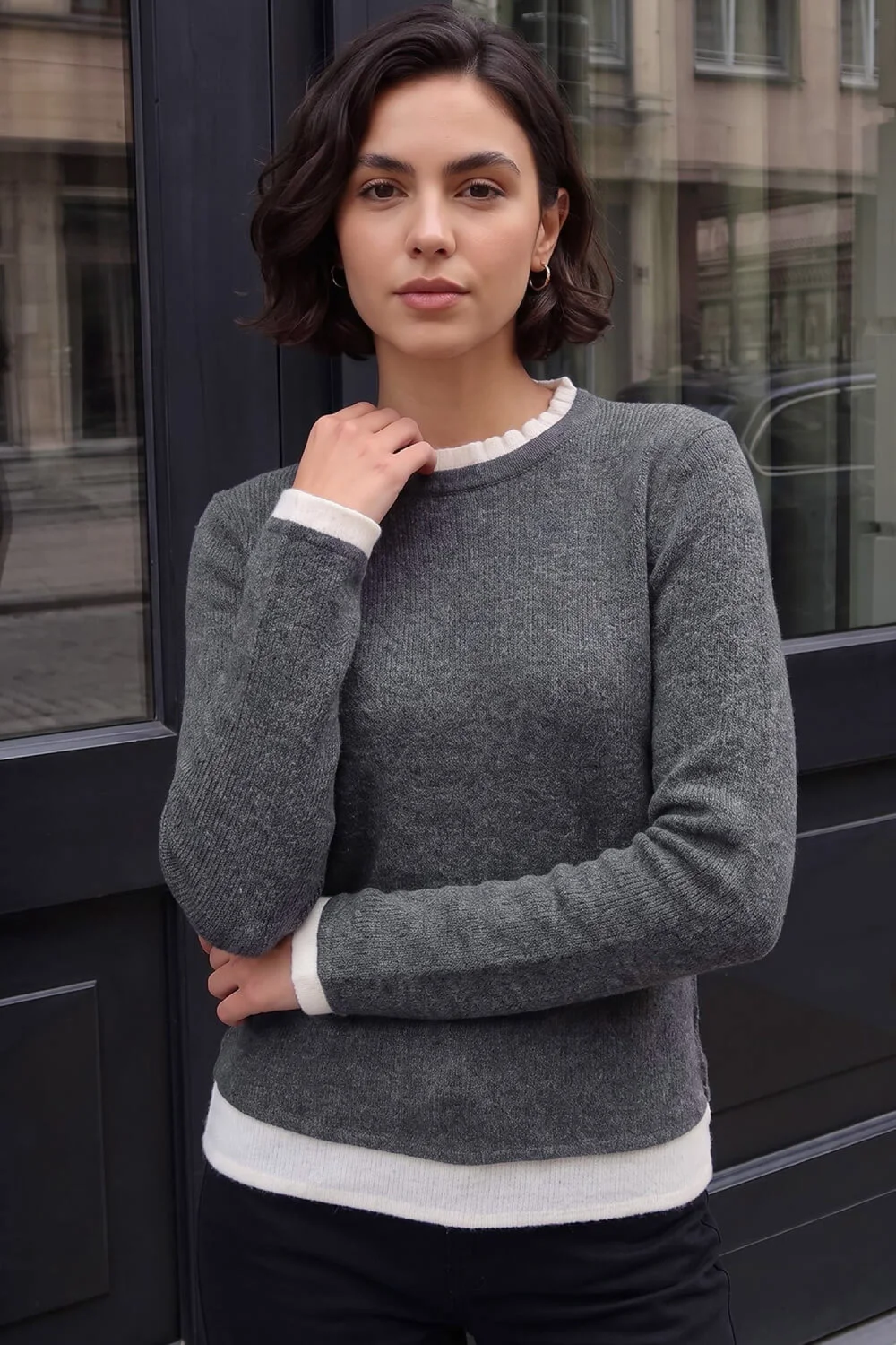 Roman Grey Frill Contrast Stretch Jersey Top - 10 Image 1