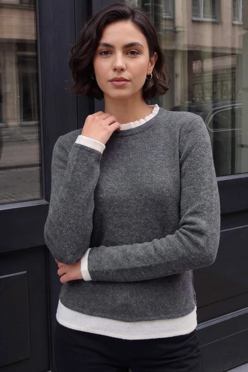Roman Grey Frill Contrast Stretch Jersey Top - 10 Image 1