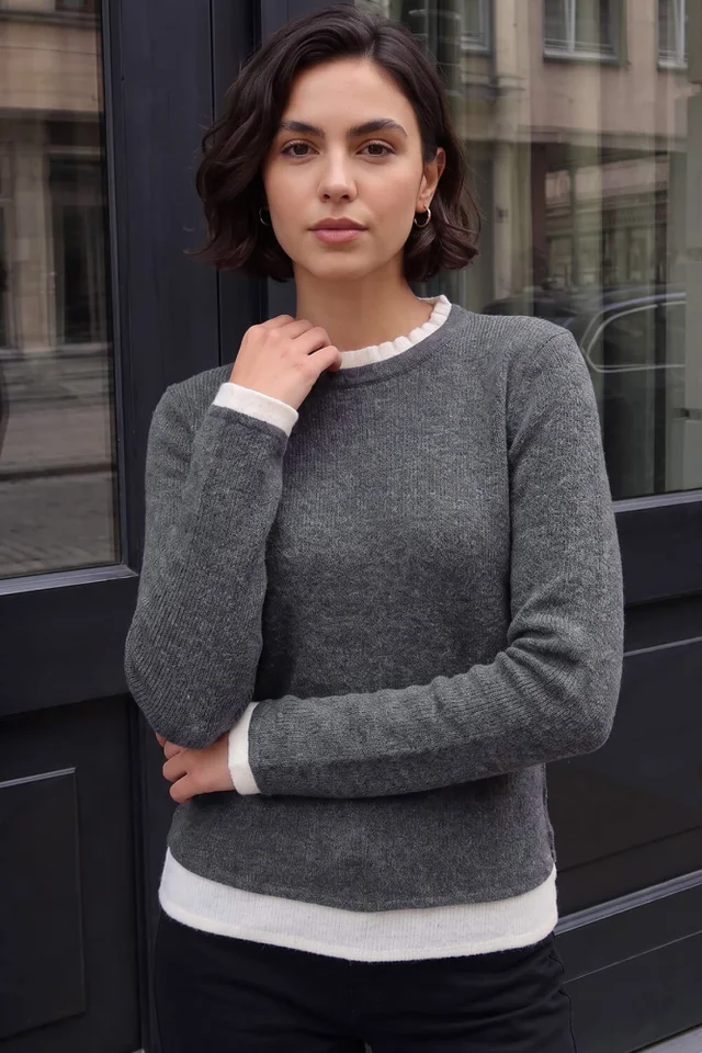 Roman Grey Frill Contrast Stretch Jersey Top