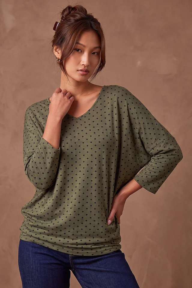 Roman Khaki V Neck Polka Dot Top