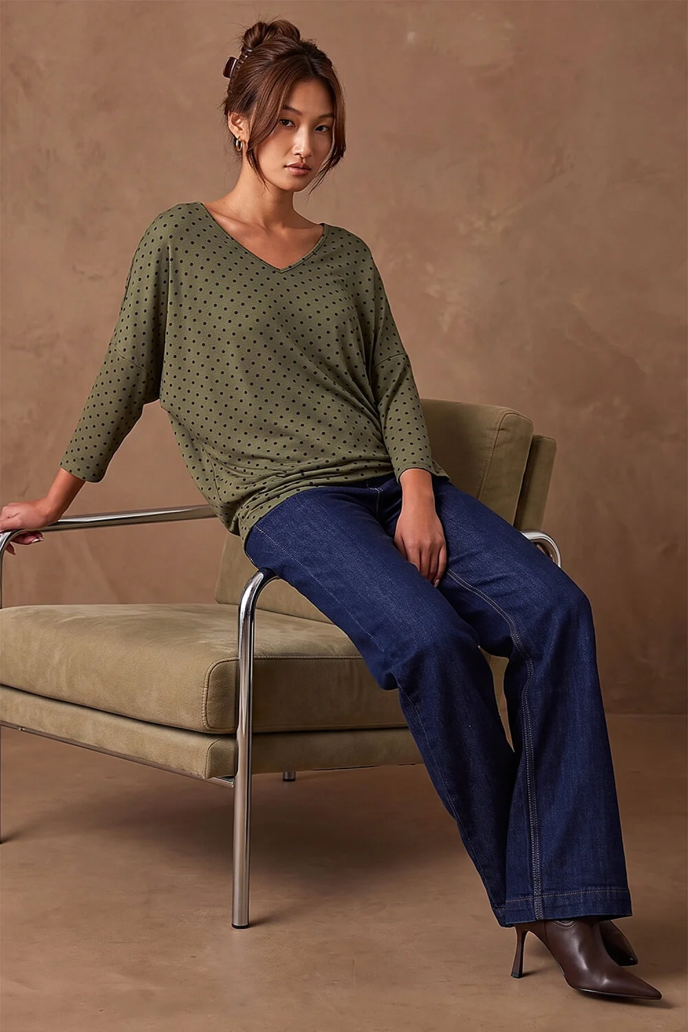 Roman Khaki V Neck Polka Dot Top - 18 Image 2