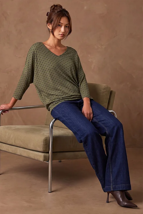 Roman Khaki V Neck Polka Dot Top - 18 Image 2