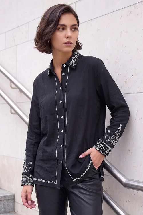 Roman Black Contrast Embroidered Collared Shirt - 12 Image 1