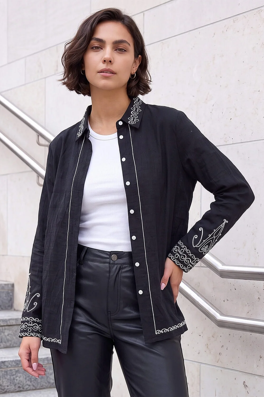 Roman Black Contrast Embroidered Collared Shirt - 12 Image 2