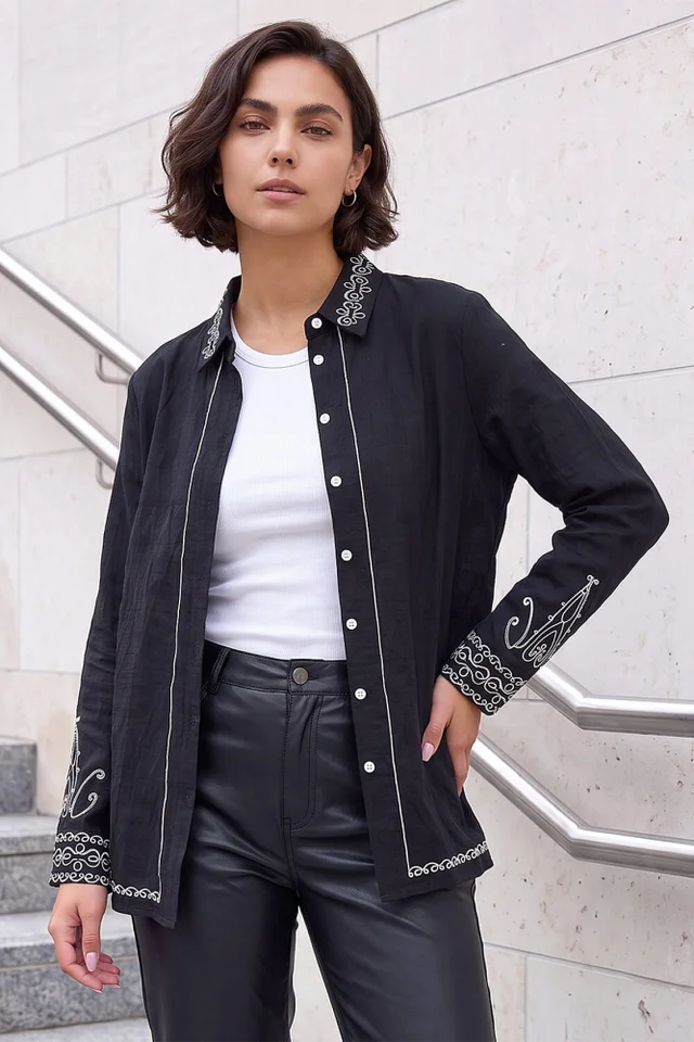 Roman Black Contrast Embroidered Collared Shirt