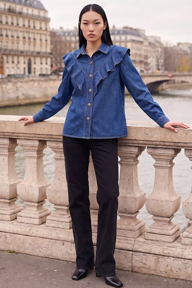Dusk Blue Denim Frill Buttoned Shirt