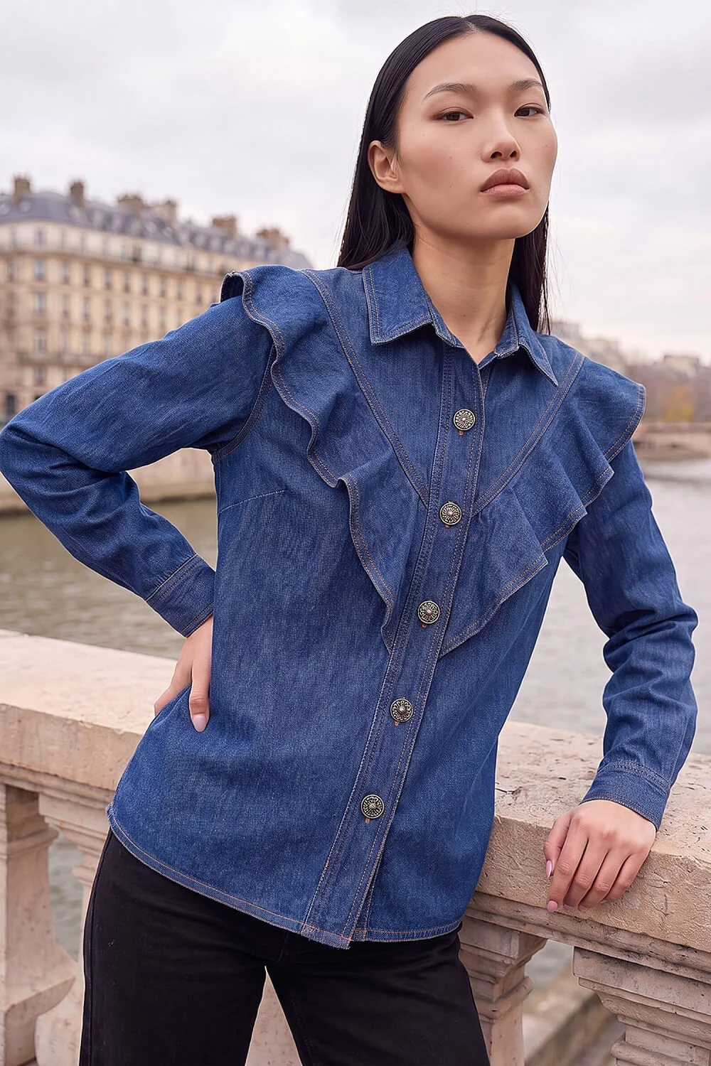 Dusk Blue Denim Frill Buttoned Shirt - 14 Image 1