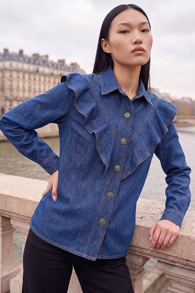 Dusk Blue Denim Frill Buttoned Shirt