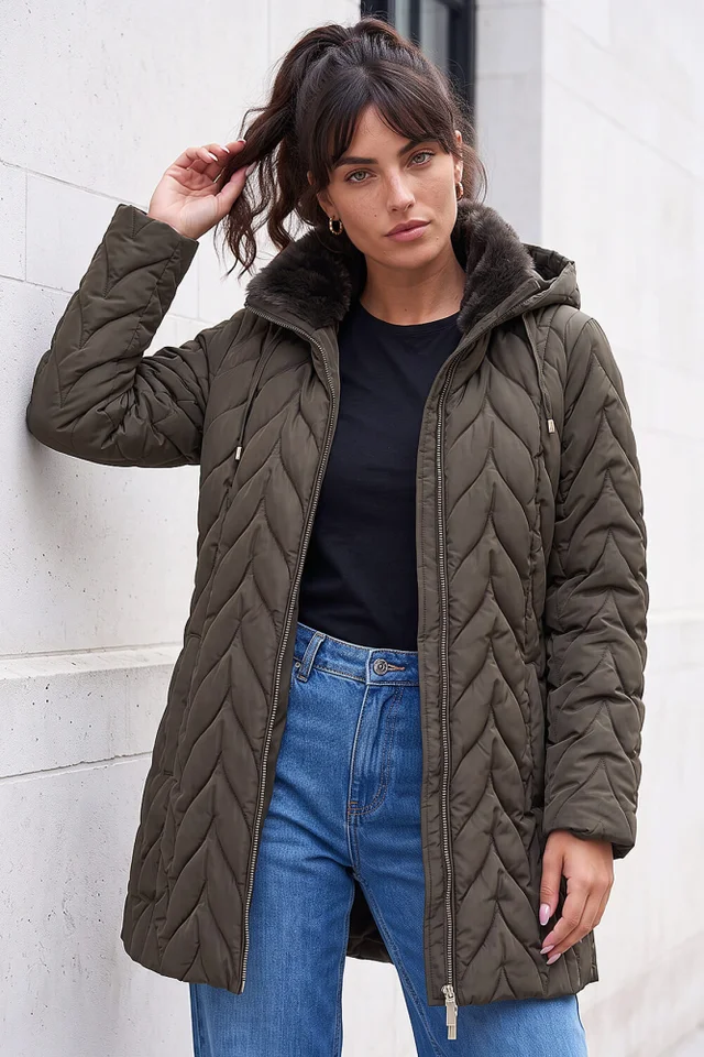 Roman Khaki Zig Zag Padded Coat