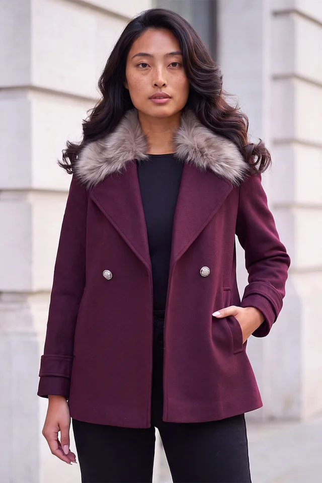 Roman Wine Petite Fur Collar Coat