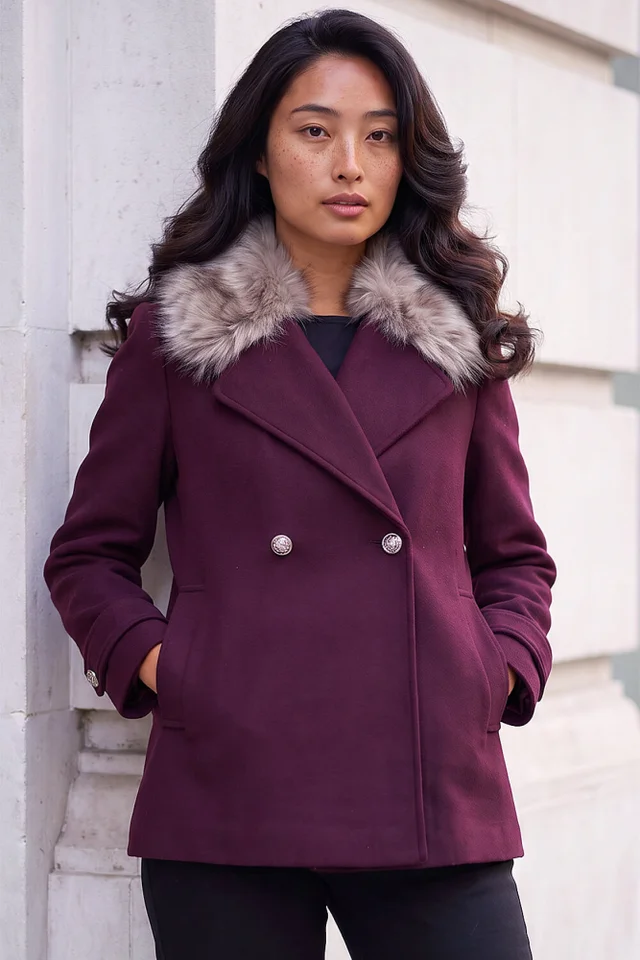 Roman Wine Petite Fur Collar Coat