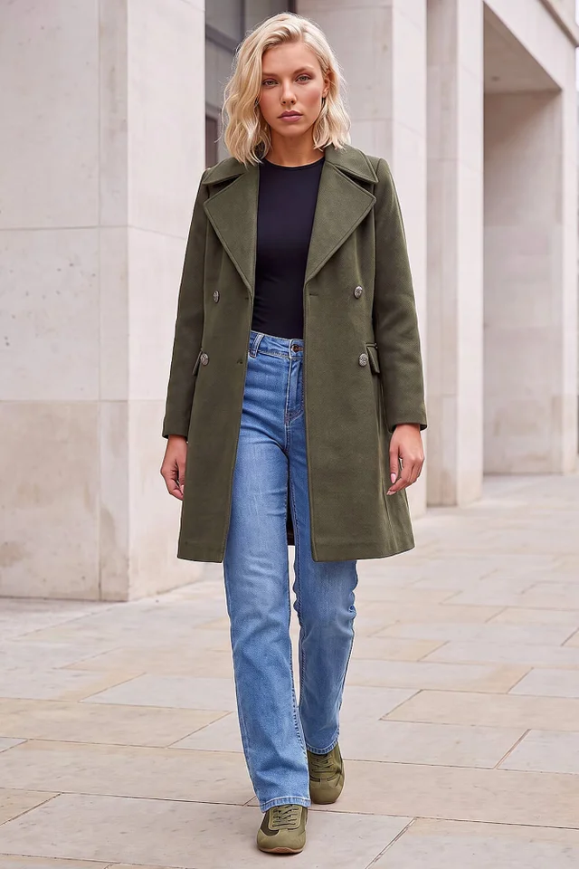 Roman Khaki Petite Collar Double Breasted Coat