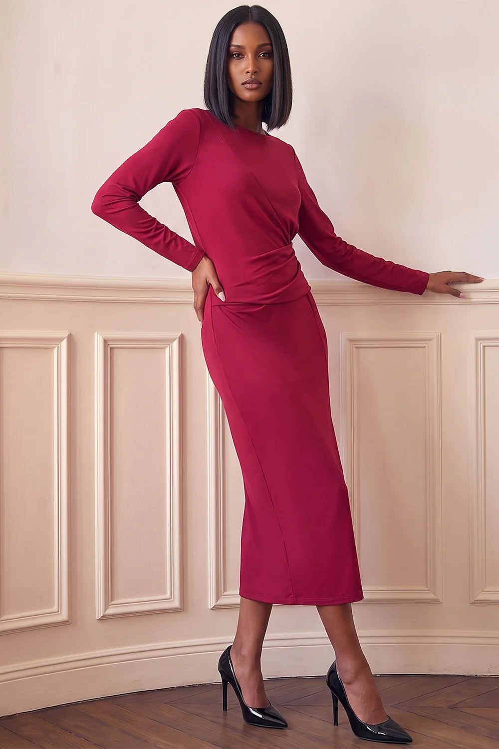Dusk Wine Ruched Waist Midi Dress - 18 Image 2