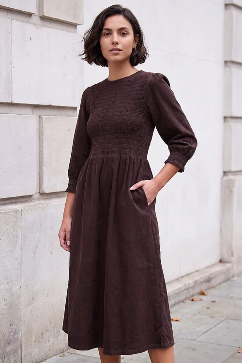 Roman Chocolate Corduroy Shirred Midi Dress - 10 Image 1