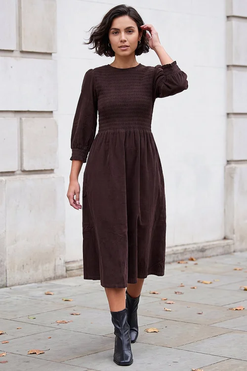 Roman Chocolate Corduroy Shirred Midi Dress - 10 Image 2