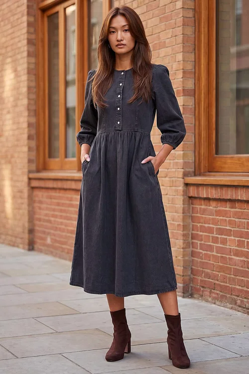 Roman Black Popper Buttoned Midi Dress - 12 Image 1