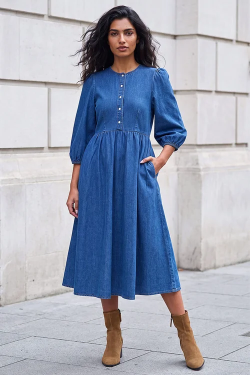 Roman Denim Popper Buttoned Midi Dress - 16 Image 2