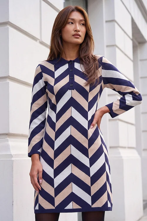 Roman Navy Chevron Collared Knit Dress - 18 Image 1
