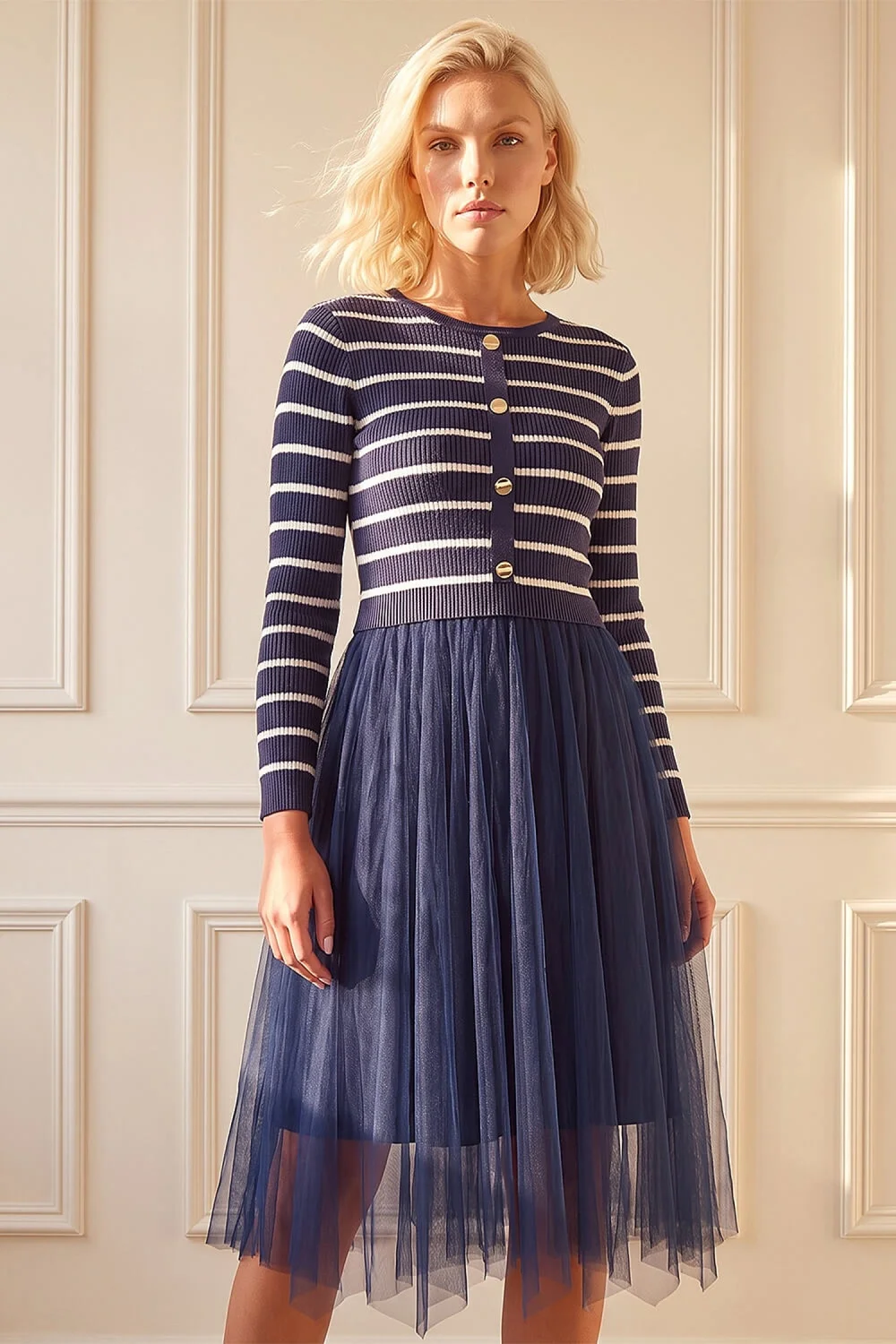 Roman Navy Petite Stripe Hybrid Knit Dress - 18 Image 1