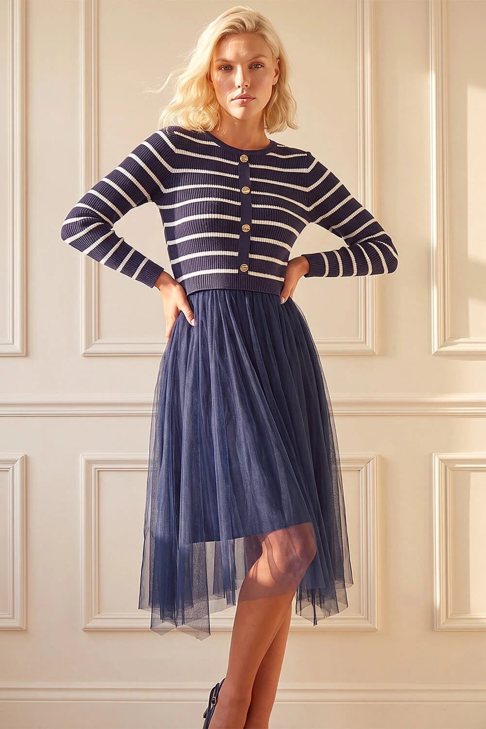 Roman Navy Petite Stripe Hybrid Knit Dress - 18 Image 2