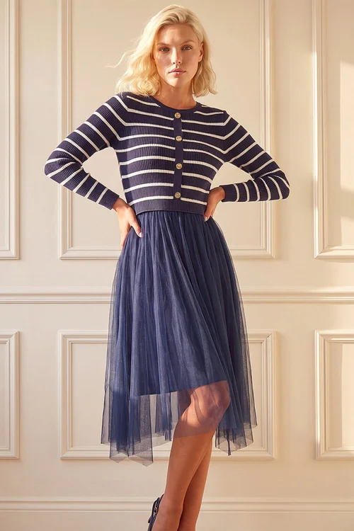 Roman Navy Petite Stripe Hybrid Knit Dress - 18 Image 2