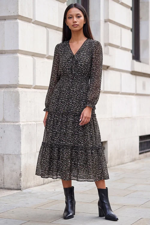 Roman Black Petite Ditsy Tiered Midi Dress - 18 Image 2