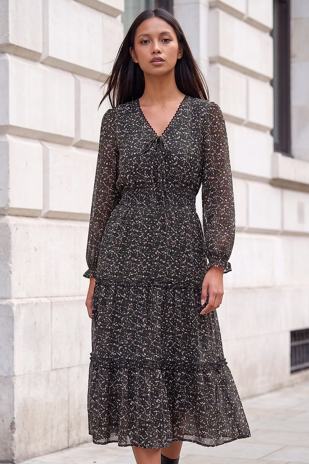 Roman Black Petite Ditsy Tiered Midi Dress - 18 Image 1