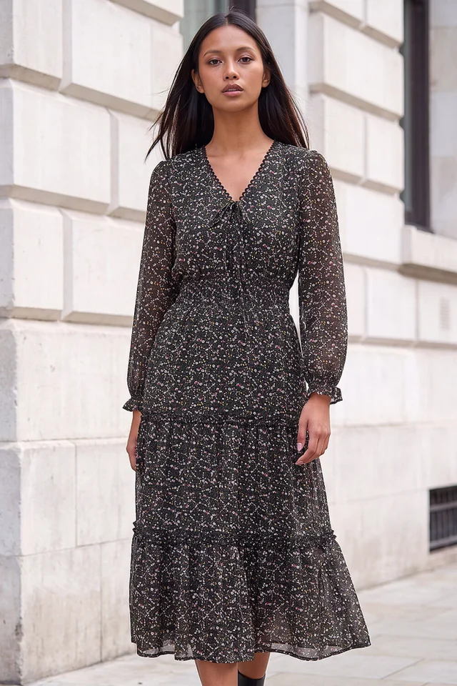 Roman Black Petite Ditsy Tiered Midi Dress