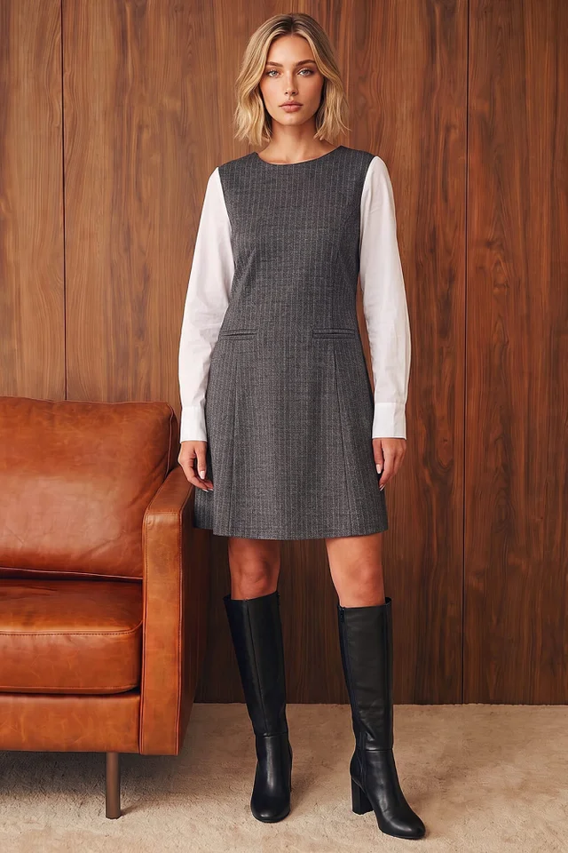 Dusk Grey Pinstripe Stretch Dress