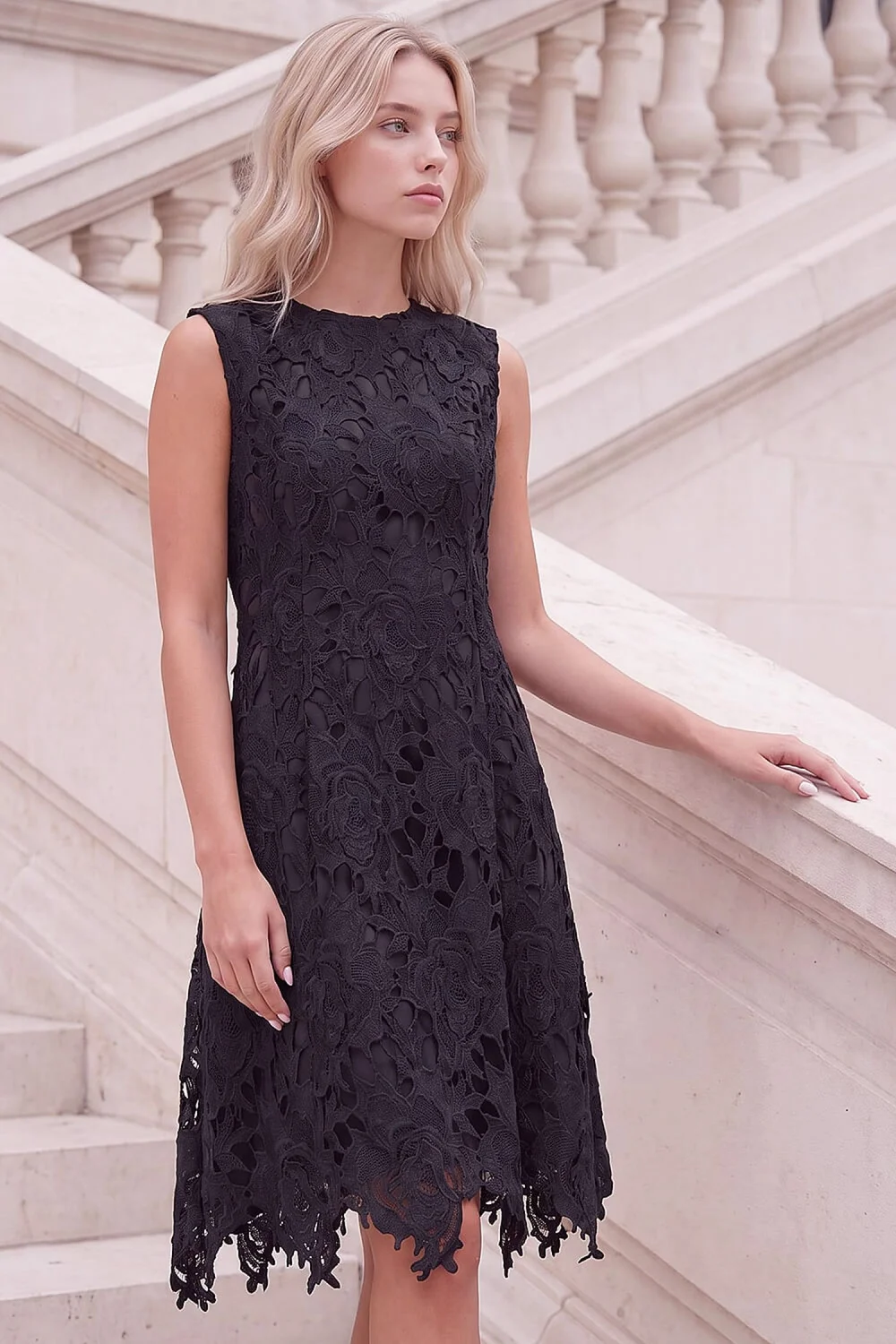 Roman Black Petite Floral Lace Dress - 10 Image 2