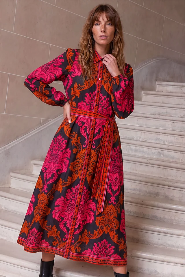 Roman Fuchsia Baroque Border Shirt Dress