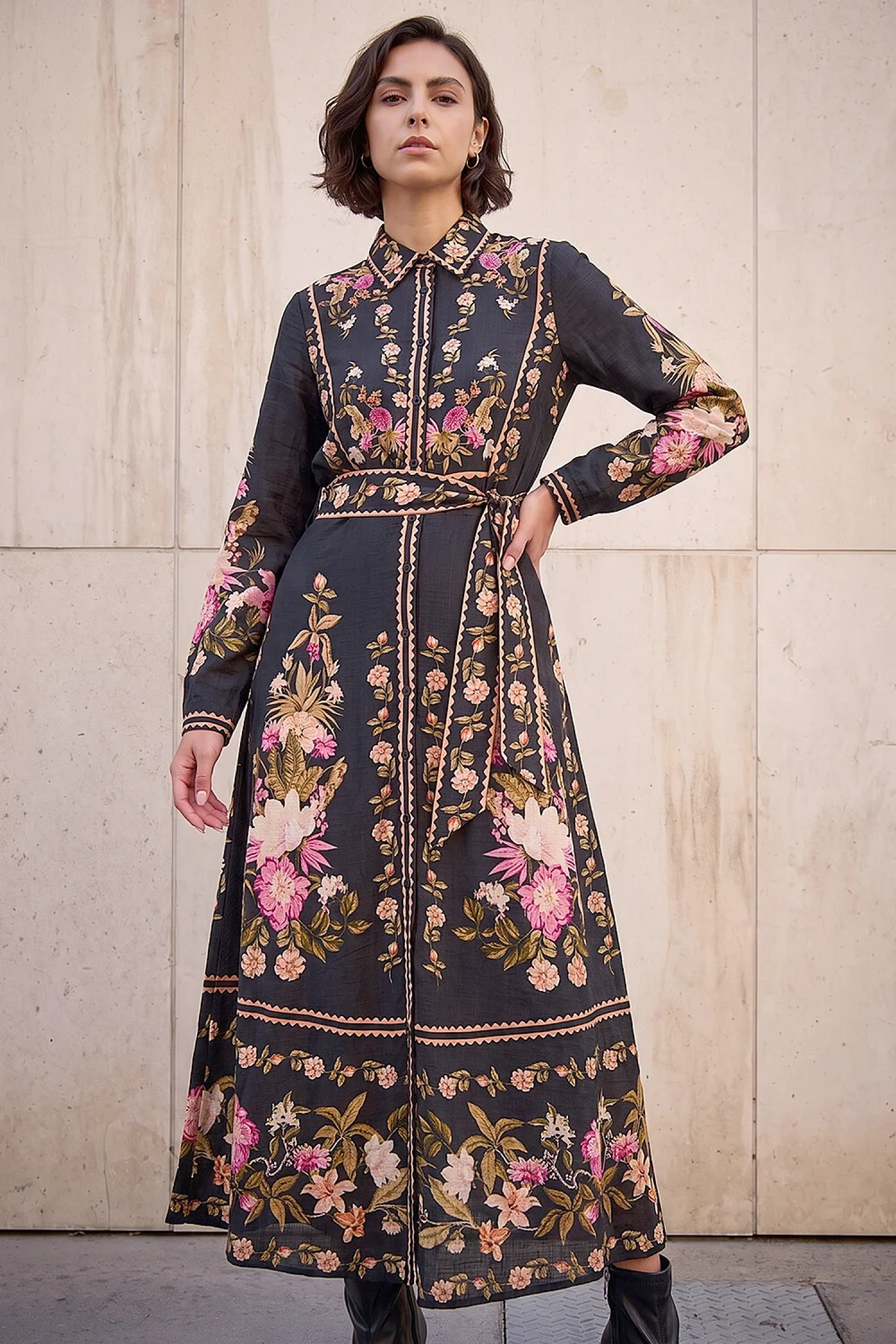 Roman Black Bordered Floral Dress - 12 Image 1