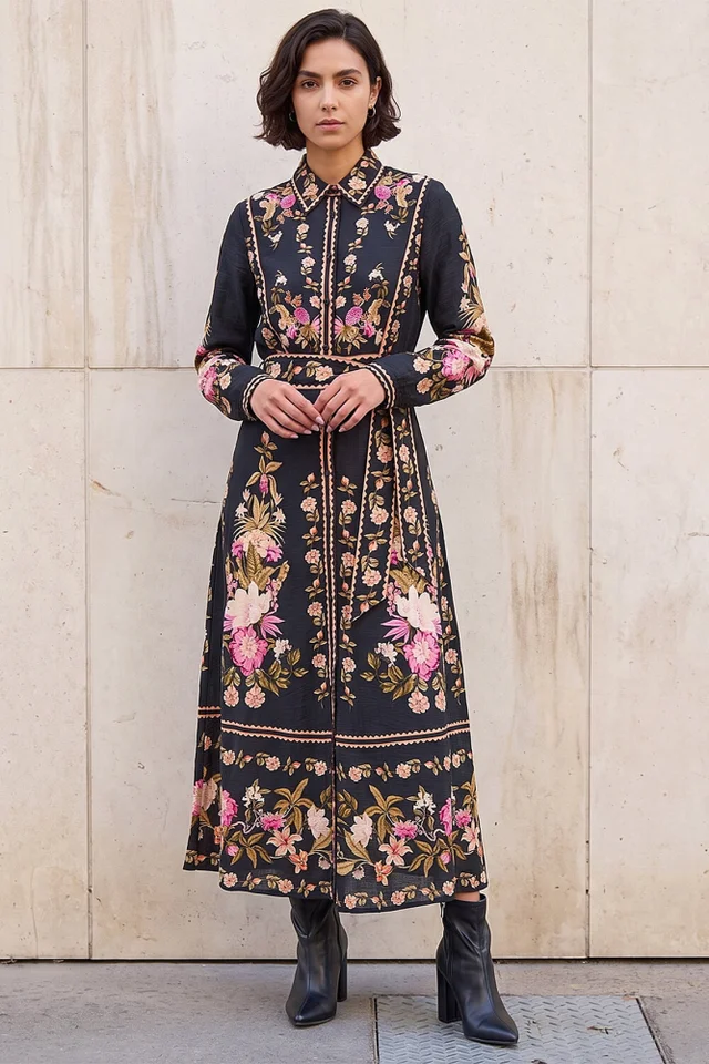 Roman Black Bordered Floral Dress