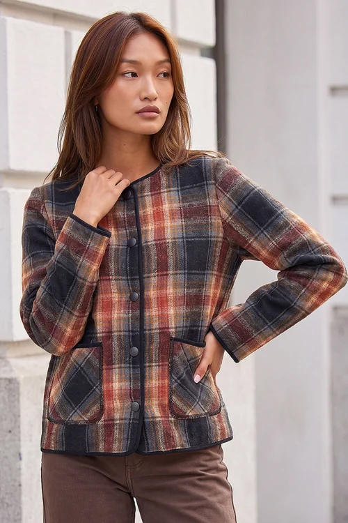 Roman Dark Orange Check Buttoned Throw On Jacket - 12 Image 2