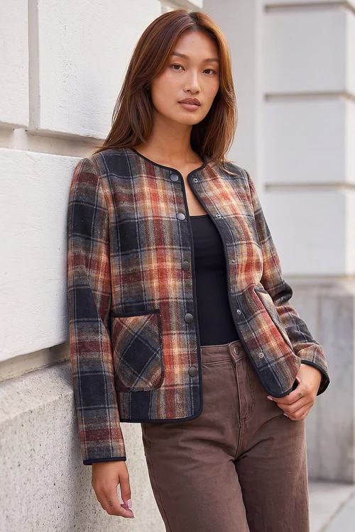 Roman Dark Orange Check Buttoned Throw On Jacket - 12 Image 1