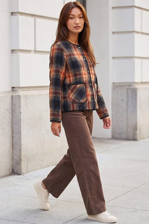 Roman Dark Orange Check Buttoned Throw On Jacket - 12 Image 3