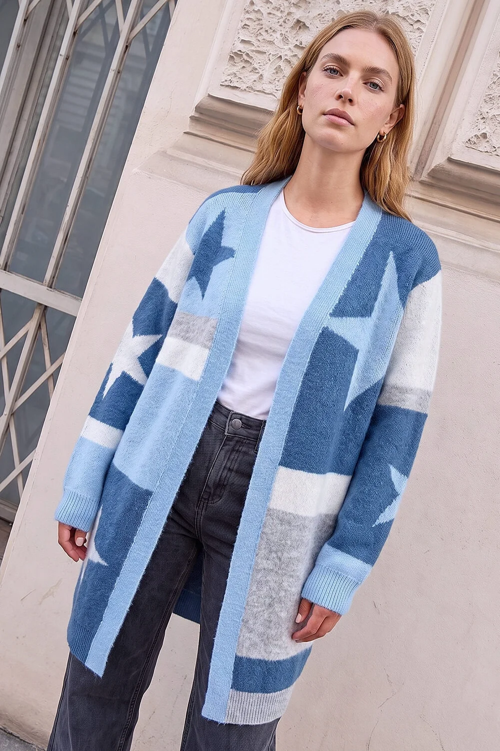 Roman Blue Star Print Longline Stretch Cardigan - 18 Image 1