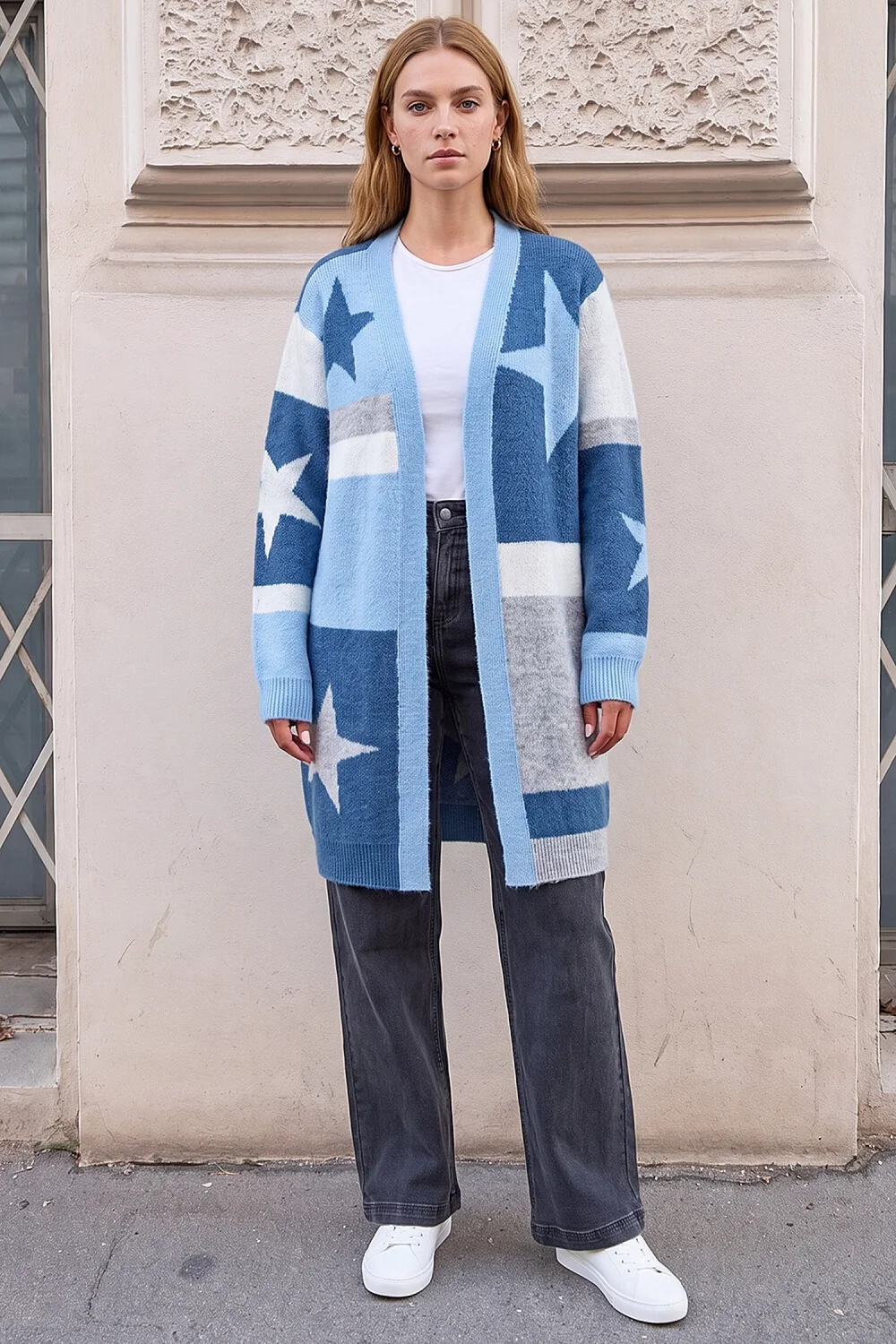 Roman Blue Star Print Longline Stretch Cardigan - 18 Image 2