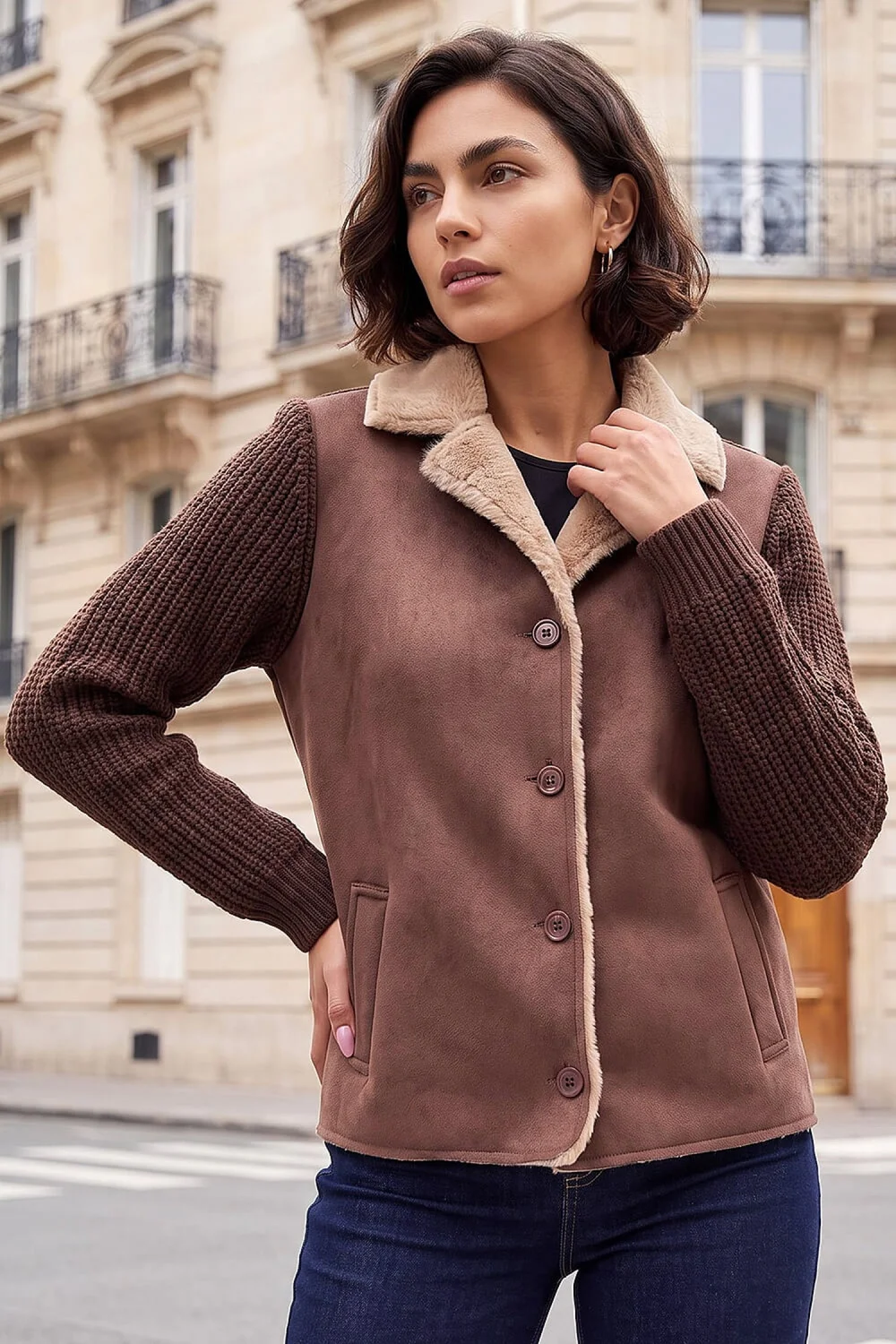 Roman Chocolate Faux Shearling Knit Cardigan - 12 Image 1