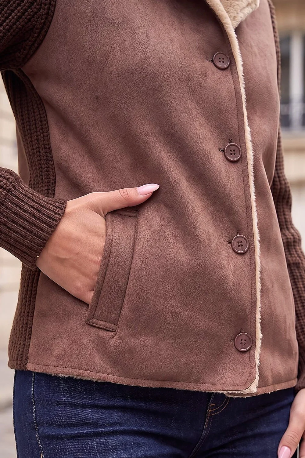 Roman Chocolate Faux Shearling Knit Cardigan - 12 Image 4