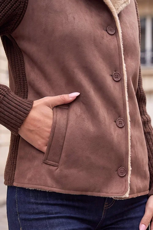 Roman Chocolate Faux Shearling Knit Cardigan - 12 Image 4