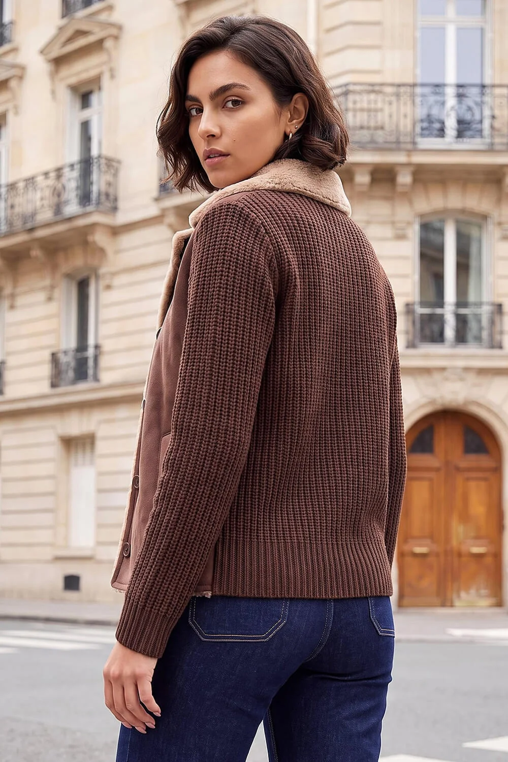 Roman Chocolate Faux Shearling Knit Cardigan - 12 Image 3