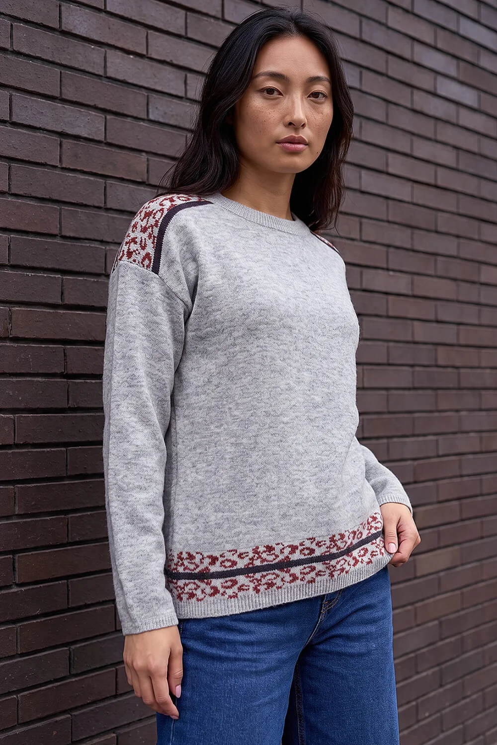 Roman Grey Petite Contrast Animal Hem Jumper - 14 Image 1
