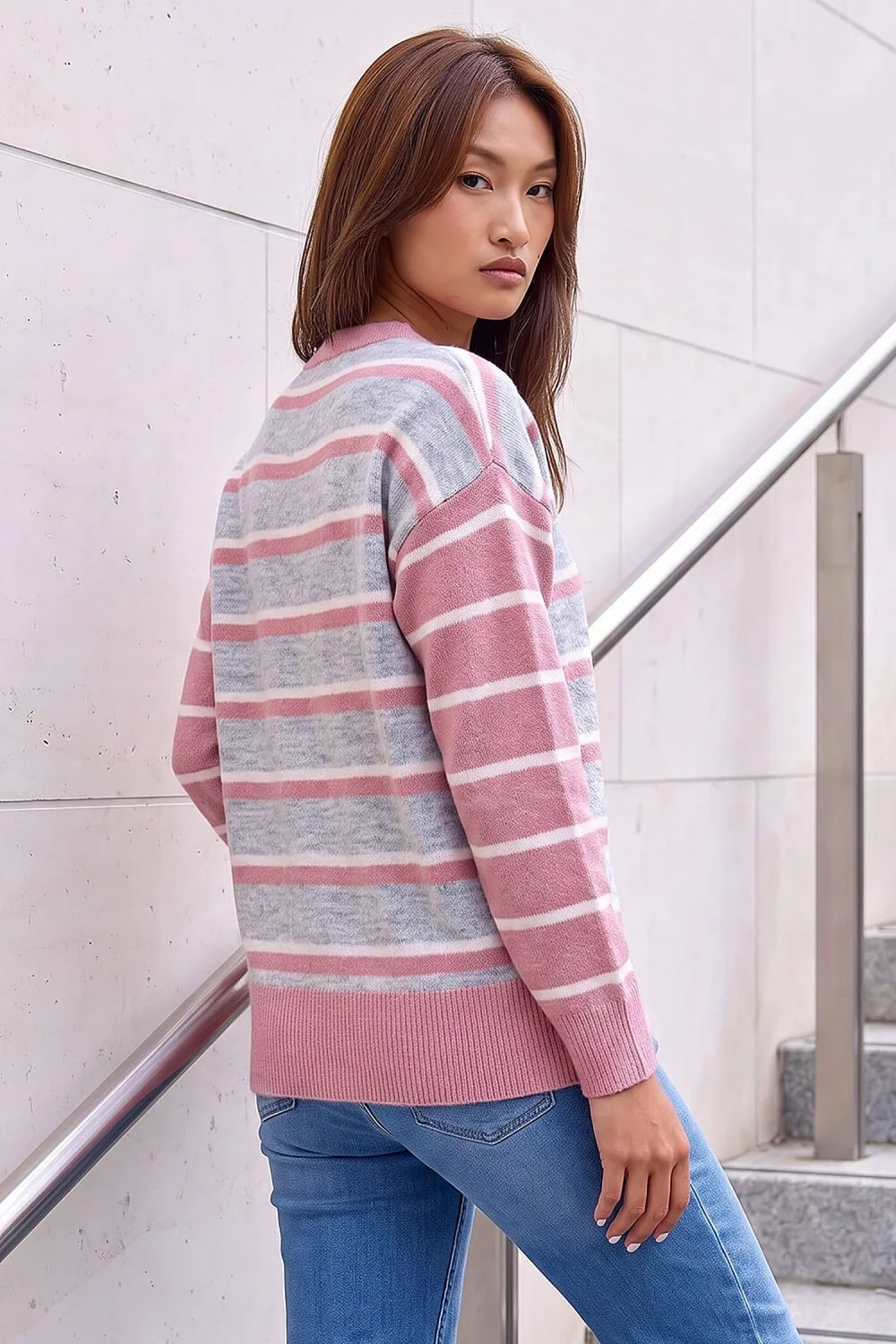 Roman Light Pink Contrast Stripe Knit Jumper - 16 Image 3