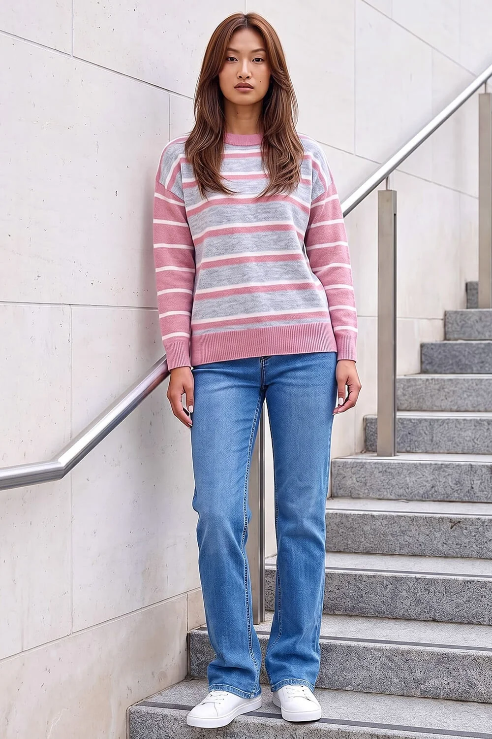 Roman Light Pink Contrast Stripe Knit Jumper - 16 Image 2