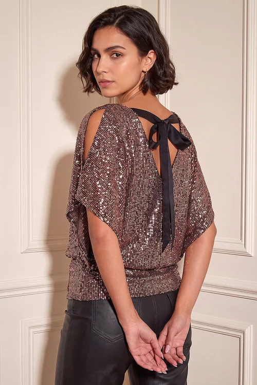 Roman Bronze Sequin Mesh Bow Back Top - 16 Image 3