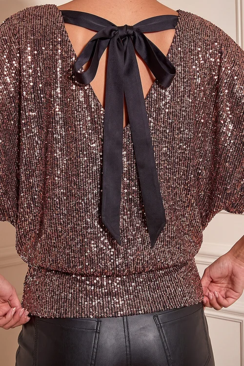 Roman Bronze Sequin Mesh Bow Back Top - 16 Image 4