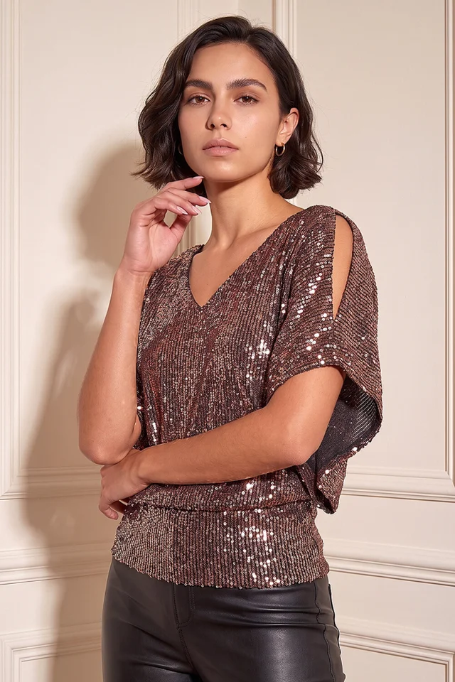 Roman Bronze Sequin Mesh Bow Back Top