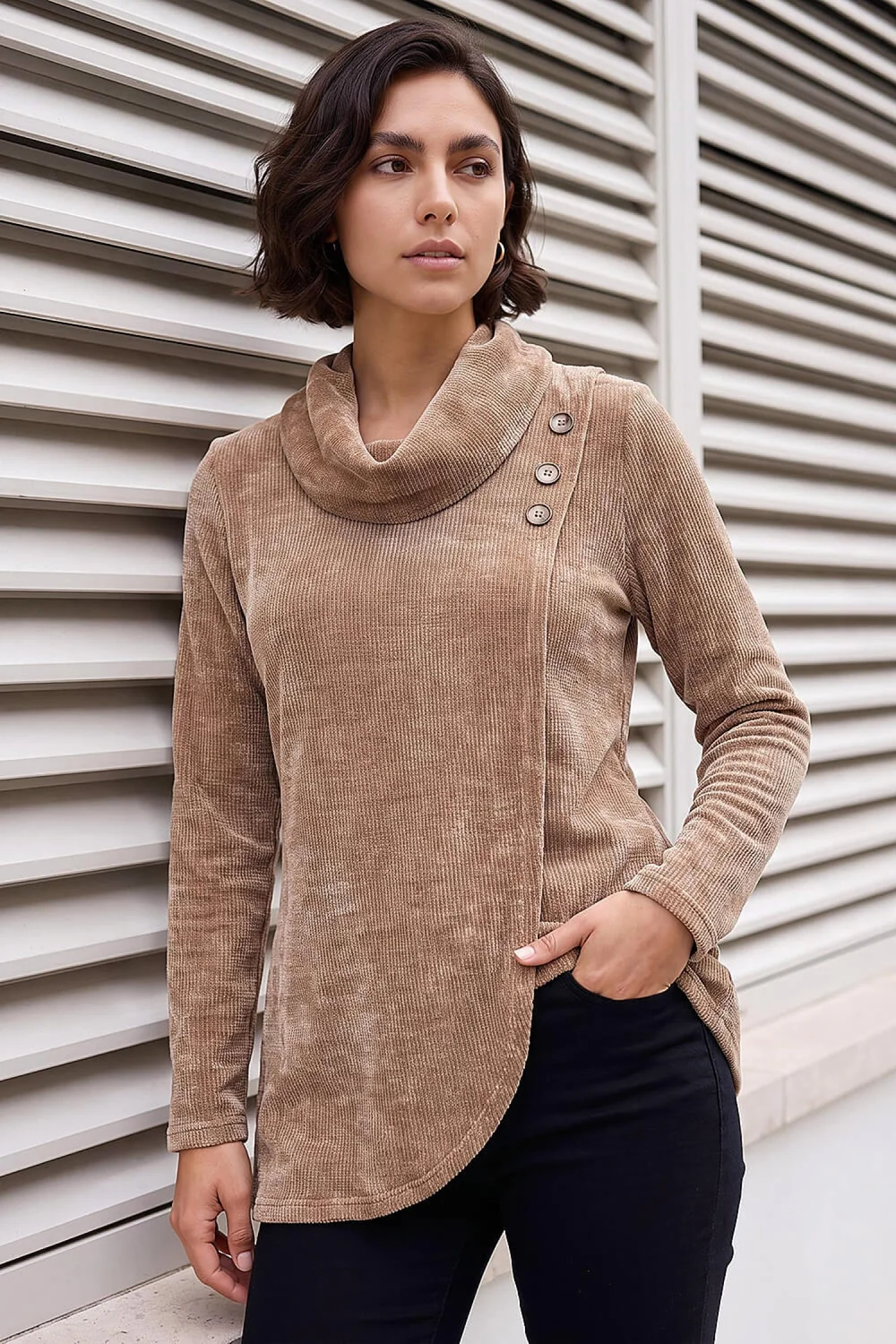 Roman Camel Chenille Cowl Neck Tunic Top - 12 Image 1